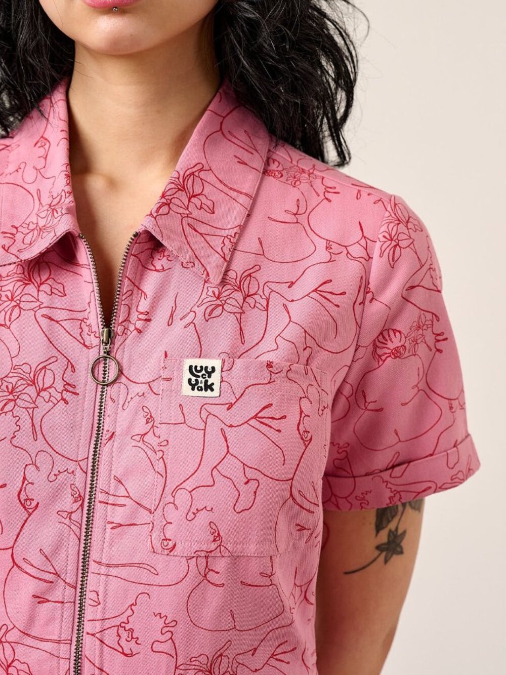 Lucy & Yak Ragan Jumpsuit Boilersuit Pink Bodies Print Line Art UK12/US8